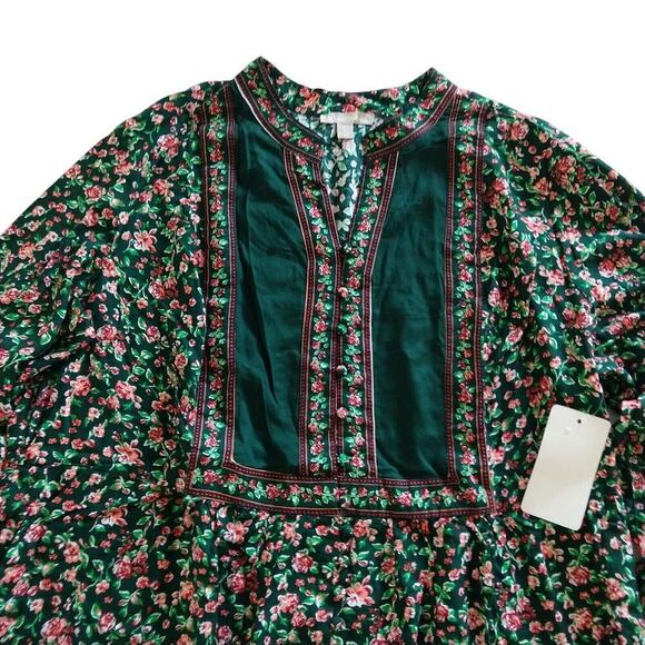Woman Within Button Front Mixed Print Tunic Plus Size 1X 22/24 NWT Green Floral - Picture 3 of 7
